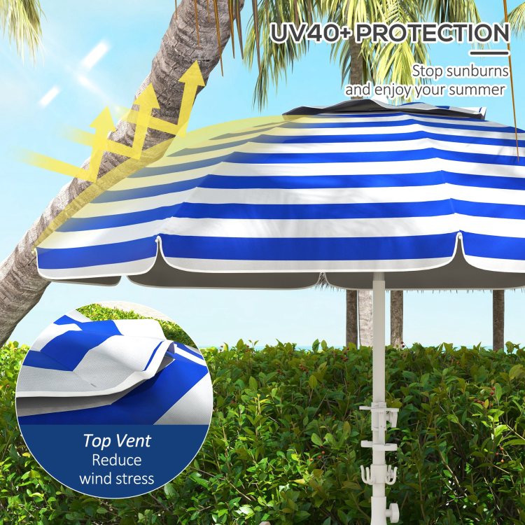 Outsunny 5.7' Portable Beach Umbrella With Tilt, Adjustable Height, 2 Cup Holders & Hooks, Uv 40 Ruffled Outdoor Umbrella With Vented Canopy, Blue White Stripe