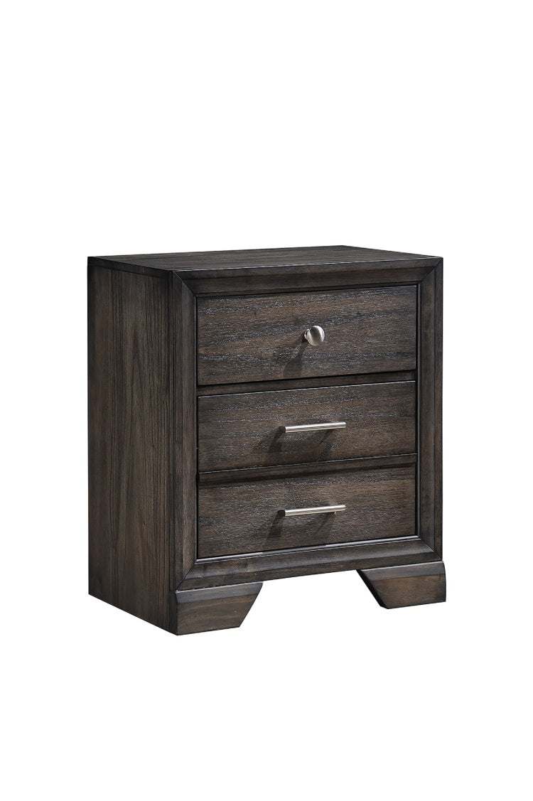 1Pc Contemporary Dark Wood Grain Finish Metal Knobs Two Drawers Nightstand Wooden Gray