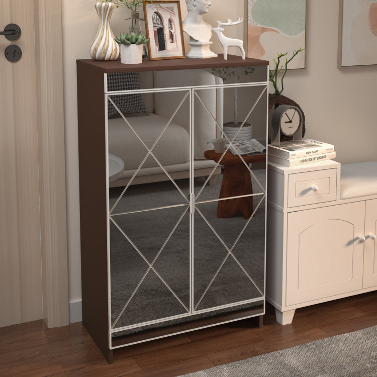 Elegant Decor Mirrored Cabinet With Silver Edging,Mirrored Cabinet With Double Door Storage,Shoe Storage Cabinet For Entryway,Glass Brown Finish