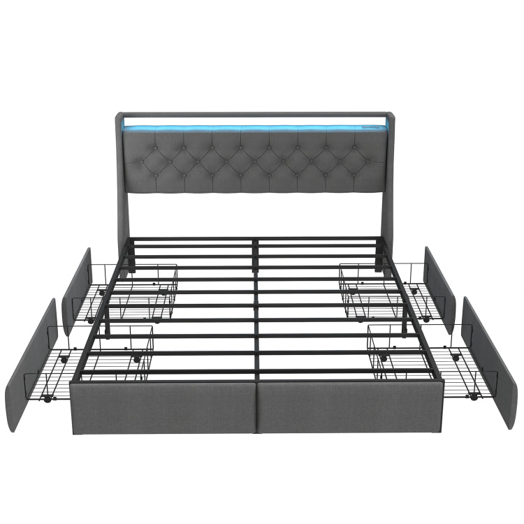 King Metal Platform Bed Frame Grey, Storage Headboard With Rgb Led & Charging Station