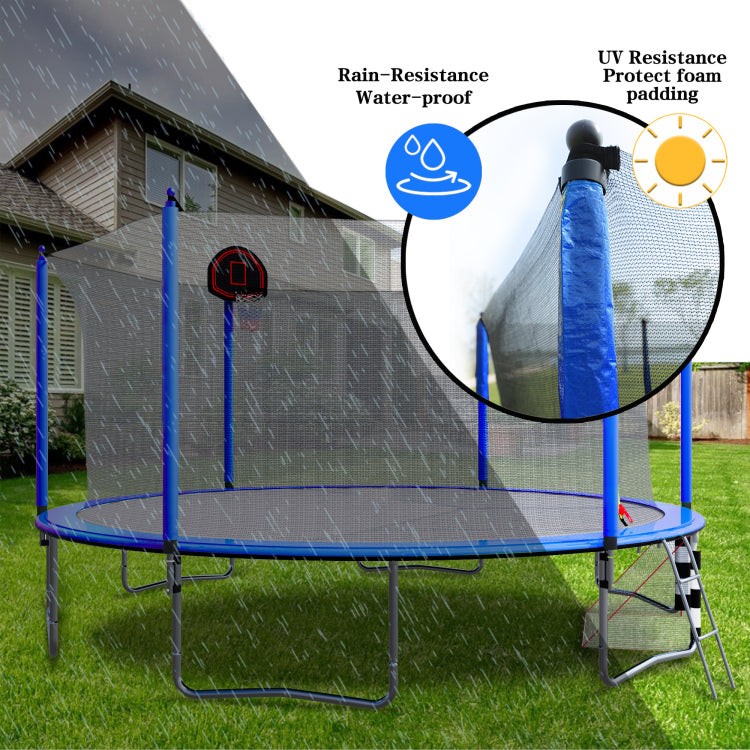 16Ft Trampoline With Basketball Hoop Pump And Ladder Inner Safety Enclosure With Soccer Goal Blue