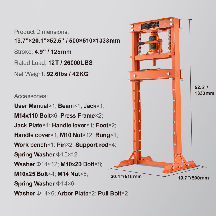 Hydraulic Shop Press, 12 Ton H Frame Hydraulic Garage Shop Floor Press, Adjustable Shop Press With Press Plates, Heavy Duty Hydraulic Press For Garage, Shop, Workshop