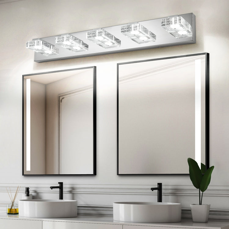 31" Modern Chrome 5 Light Led Vanity Light, Square Acrylic Lampshades Wall Mount Fixture For Bathroom, Mirror Lighting