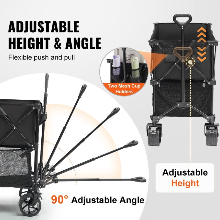 Foldable Double Decker Wagon, 400L Collapsible Wagon Cart With All Terrain Wheels, Heavy Duty Folding Wagon Cart 350 450 Lb Weight Capacity For Camping, Shopping, Garden, 52" Extra Long Extender