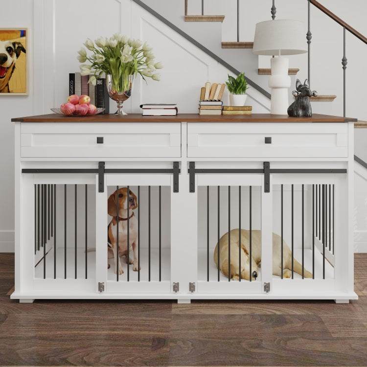 63'' Large Dog Crate Furniture For Double Dog, Wooden Dog Kennel With 2 Drawers,Divider And Sliding Door, Water Resistant Indoor Pets Furniture Style Double Dog Crates