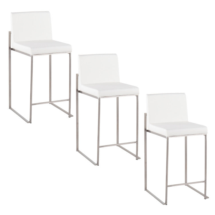 26" Contemporary High Back Counter Stool In Stainless Steel And White Faux Leather Set Of 3