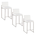 26" Contemporary High Back Counter Stool In Stainless Steel And White Faux Leather Set Of 3