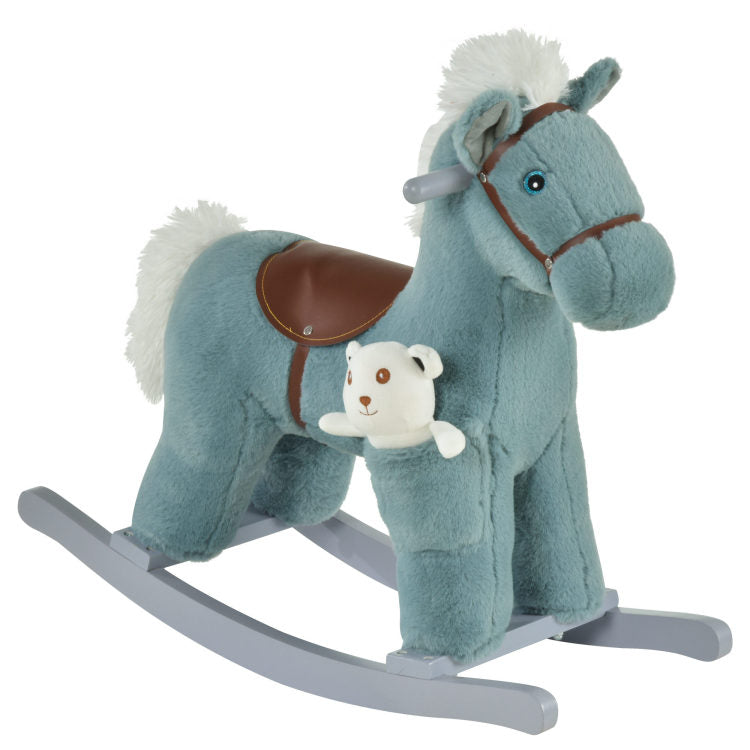 Qaba Kids Plush Ride On Rocking Horse With Bear Toy, Children Chair With Soft Plush Toy & Fun Realistic Sounds, Blue