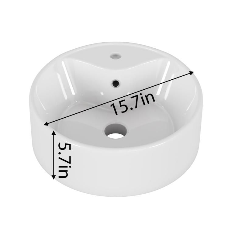 Bathroom Vessel Sink 15.7" X 5.7" Round Bowl Sink, Bathroom Countertop Round White Vanity Sink Basin,Ceramic Basin,Glossy White