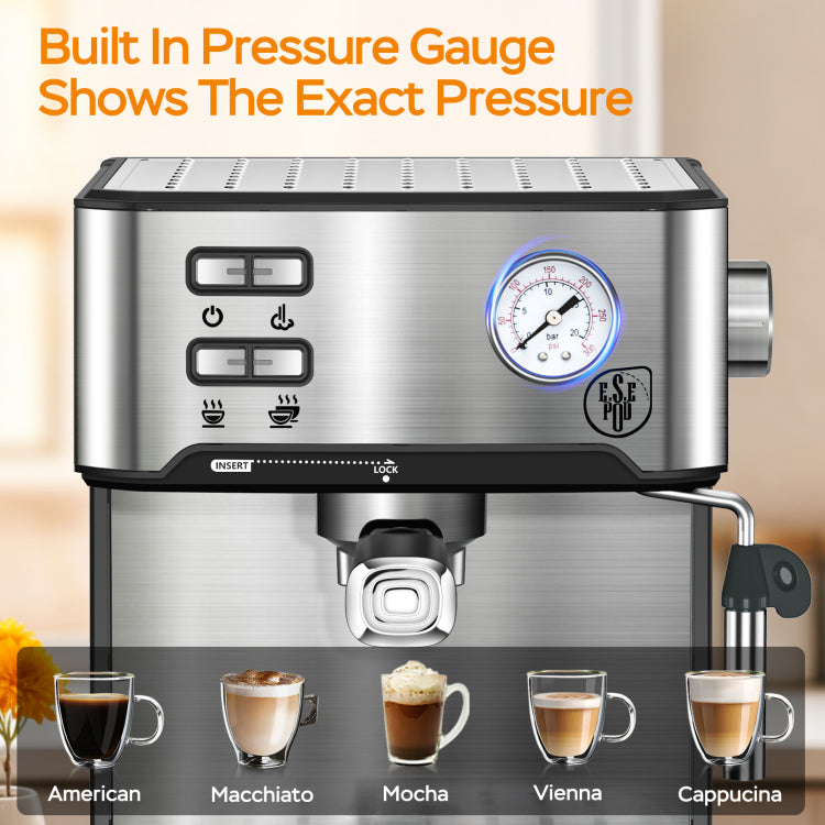 20 Bar Professional Espresso Machine With Milk Frother, Single & Double Shot, Ese Pod Compatible, Pressure Display, Removable Water Tank For Cappuccino, Latte, & Macchiato Home Barista Edition