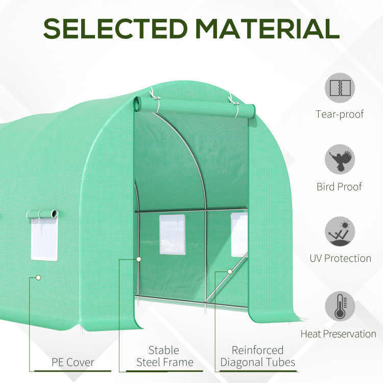 Outsunny 15' X 6' X 7' Walk In Tunnel Greenhouse Garden Plant Growing House With Door And Ventilation Window, Green