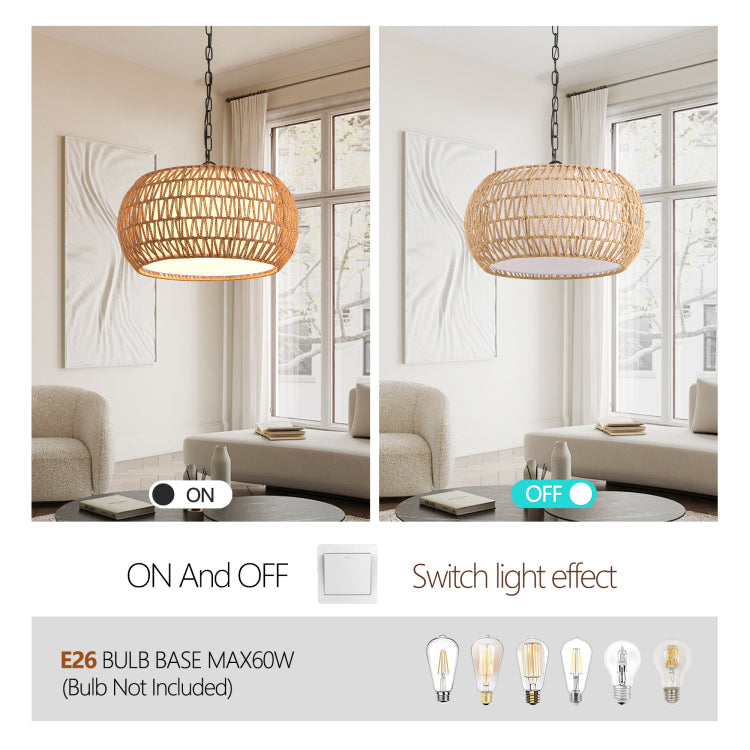 18" Farmhouse Pendant Light With Adjustable Height, Boho Woven Jute Rope Hanging Ceiling Light Fixture, E26 Base, 60W Max, Compatible With Flat, Vaulted, And Sloped Ceil Bulb Not Included