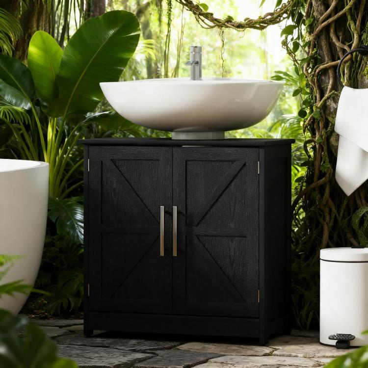 Pedestal Sink Storage Cabinet, Bathroom Sink Cabinet With 2 Barn Doors And Adjustable Shelf Without Washbasin