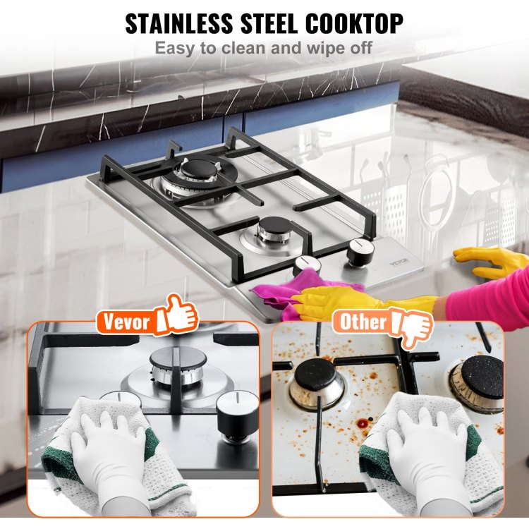 Gas Cooktop 12 Inch, Max 12250Btu 2 Burners Built In Stainless Steel Gas Stove Top, Lpg Ng Convertible Dual Fuel Natural Gas Hob With Thermocouple Protection