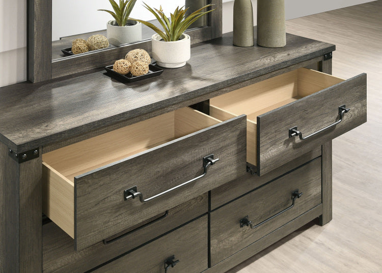 Rustic Gray 1Pc Bedside Table Melamine Paper Wooden Nightstand Antique Brass Color Drop Handles