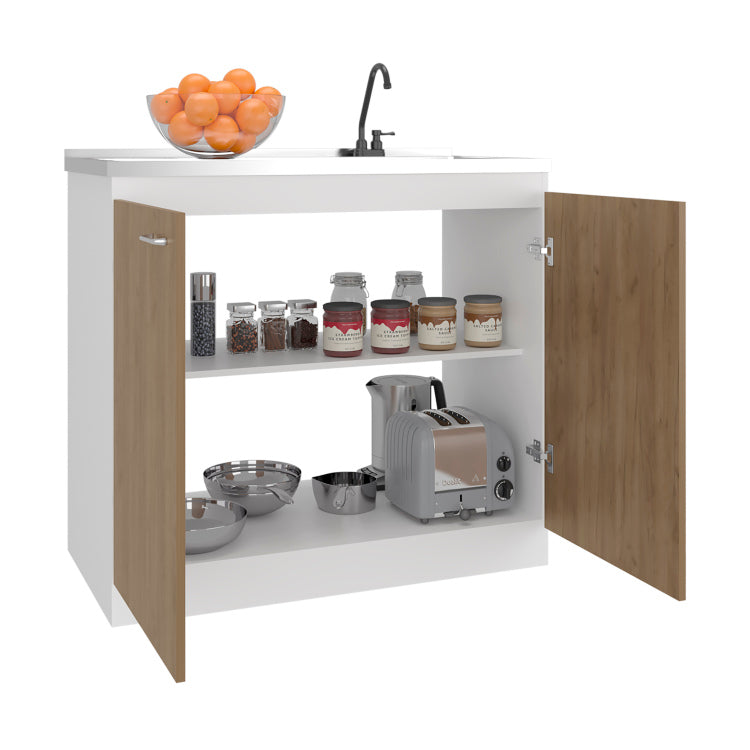 Napoles Utility Sink With Faucet Inclued And Integrated Stainless Steel Counter Top, Freestanding Cabinet With Two Doors, Metal Handles And Two Interior Shelves, Natural White