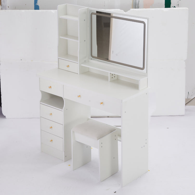41" Large Sized Desktop Vanity Table Cushioned Stool, Oversized Desktop, Large Touch Control Led Mirror, 3 Color Switch, Multi Layer High Capacity Storage Fashion Dresser, Epa, Gcc, Ul Certificate