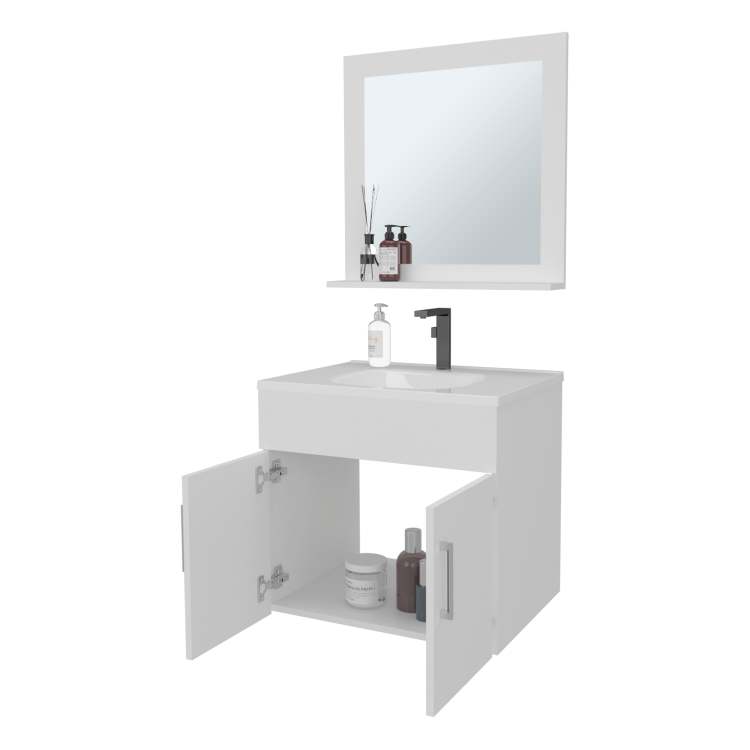 White 2 Door Floating Bathroom Vanity Set With Sink And Mirror