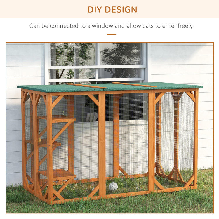 Pawhut Outdoor Cat House, Catio Wooden Feral Cat Shelter, Cat Cage With Platforms, Large Enter Door, Weather Protection Asphalt Roof, 71" L, Orange