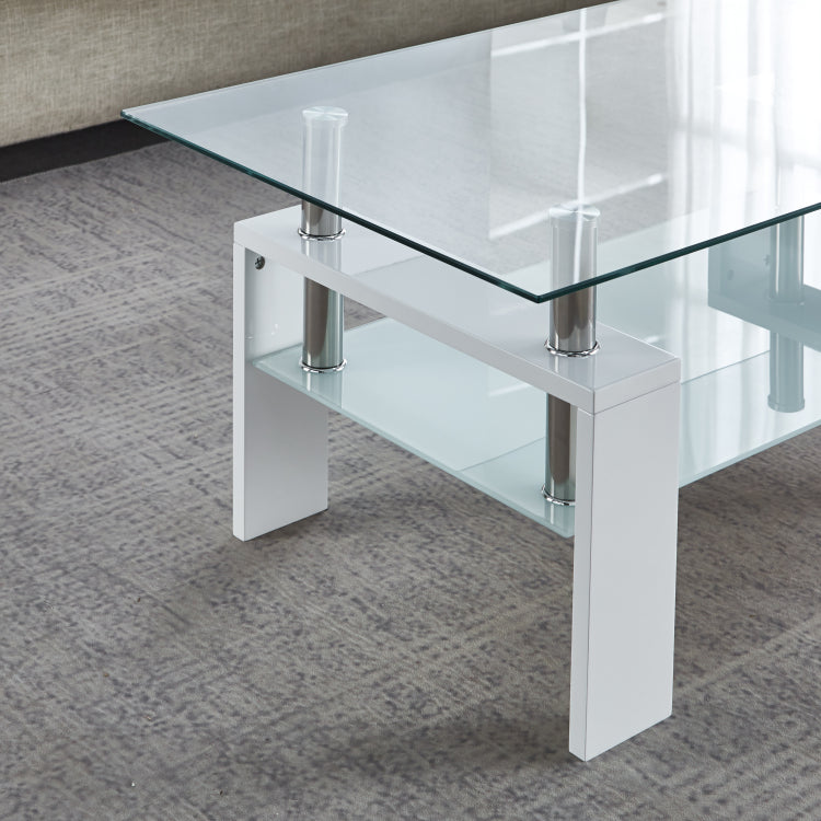 Artisan Center Coffee Table, Tempered Glass Top Stainless Steel Legs For Living Room, White