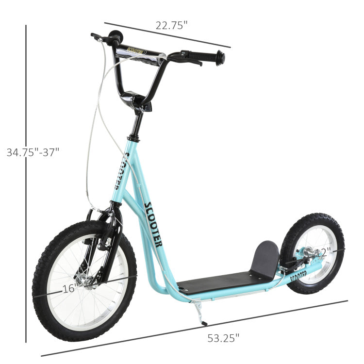 Aosom Youth Scooter, Teens Kick Scooter, Adjustable Handlebar Ride On Toy For 5 With 16" Front And 12" Rear Dual Brakes Inflatable Wheels, Blue