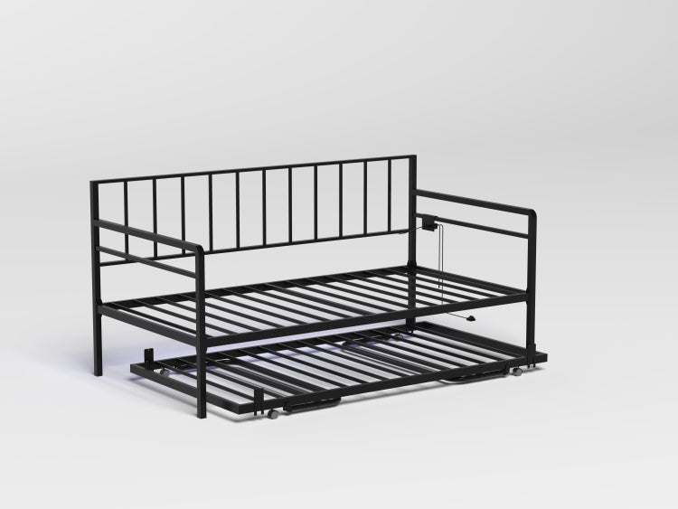 Twin Daybed With Rgb Led Lights & Charging Station, Height Adjustable Day Bed Frame With Trundle, Versatile Metal Sofa Bed Frame For Bedroom, Living Room, Guest Room, Black