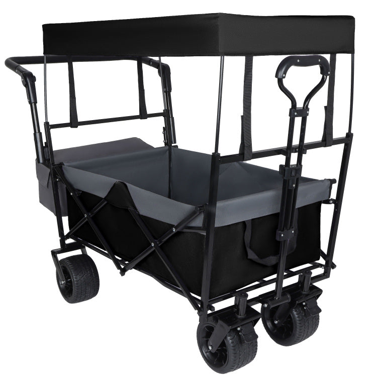 With Push Handle, 480Lbs Collapsible Wagon With Canopy, Wagon Cart With 7" All Terrain Wheels, Lightweight Foldable Wagon, Large Capacity For Camping, Shopping, Sports, And Garden Use, Black