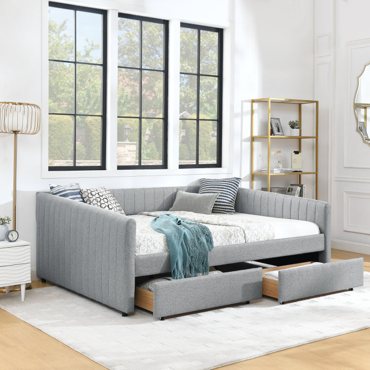 Queen Size Daybed With Two Drawers Trundle Upholstered Sofa Bed, With Vertical Stripes Linen Fabric, Grey 86.5"X65"X30"