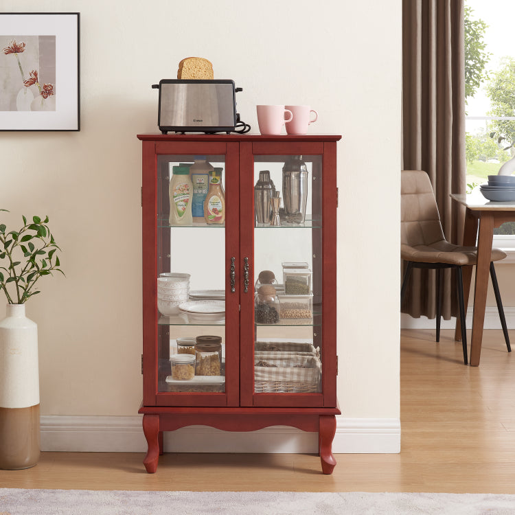 2 Doors Curio Cabinet With Tempered Glass Doors, Curio Cabinets With Mirrored Back Panel And Adjustable Shelves, Lighted Display Cabinet For Home, Office Light Bulb Included Cherry