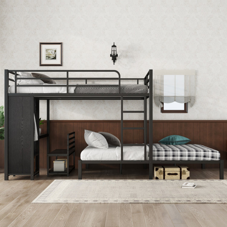 Queen Over Queen Size Bunk Bed Frame With Built In Wardrobe, Metal Bunk Bed With Desk And Storage Chairs, Black