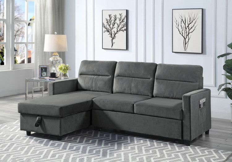 Iride 81.5"W Dark Gray Velvet Reversible Sleeper Sectional Sofa With Storage Chaise And Side Pocket