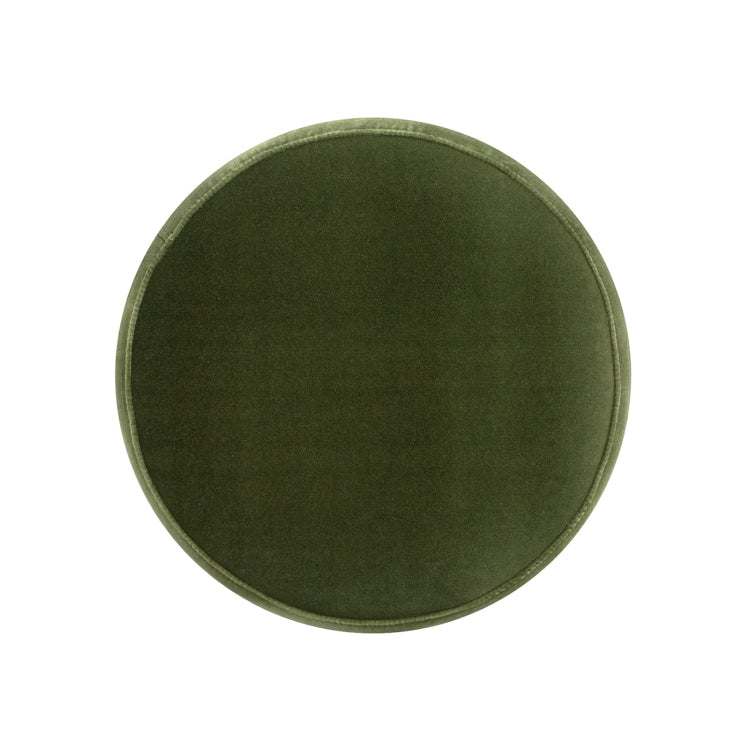 Edward 17.5" Round Upholstered Ottoman With Bullion Fringe, Olive Green Performance Velvet