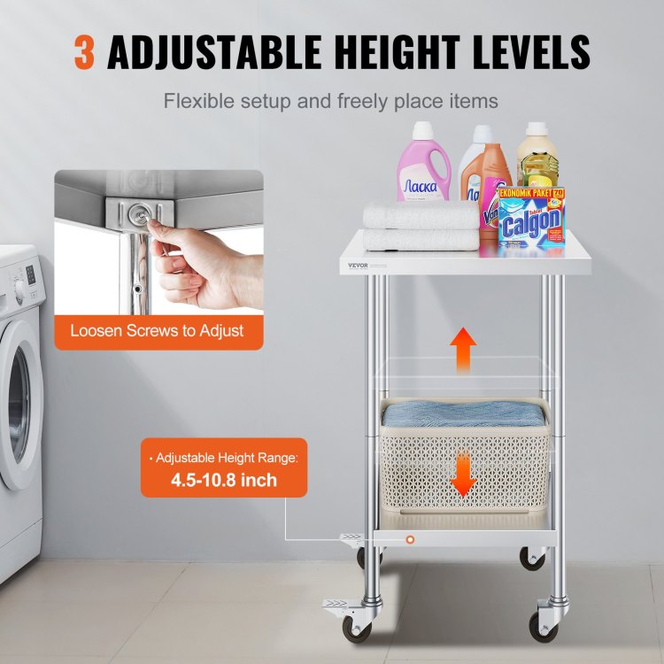Stainless Steel Work Table 24 X 24 X 38 Inch, With 4 Wheels, 3 Adjustable Height Levels, Heavy Duty Food Prep Worktable For Commercial Kitchen Restaurant, Silver
