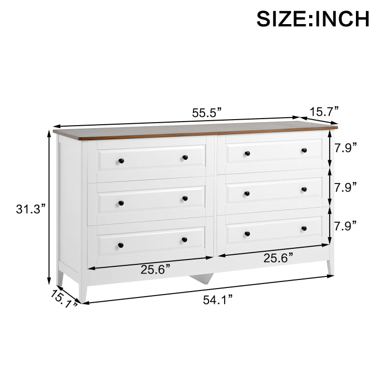 White Dresser For Bedroom, 6 Drawer Dresser With Wide Drawer And Metal Handles, White Dresser, Wood Dressers & Chests Of Drawers For Hallway, Entryway