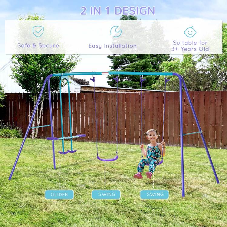 Outsunny Metal Swing Set With Glider, Two Swing Seats And Adjustable Height, Outdoor Heavy Duty A Frame Suitable For Playground, Backyard, Purple