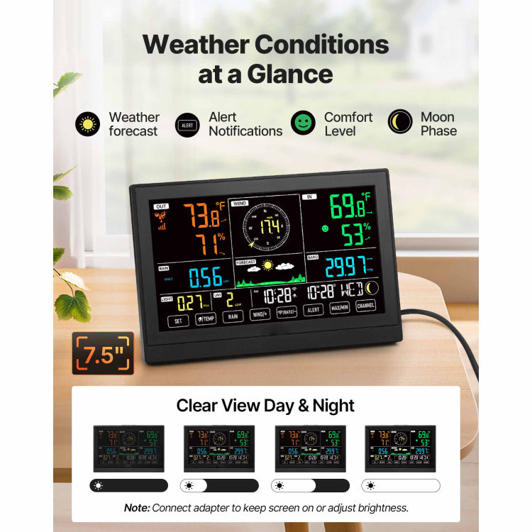 7 In 1 Wi Fi Weather Station With App, 7.5 Inch Va Display, Wireless Solar Powered Outdoor Sensor, Rain Gauge, Indoor Outdoor For Weather Forecast, Wind Speed, Temperature, Humidity, Rainfall
