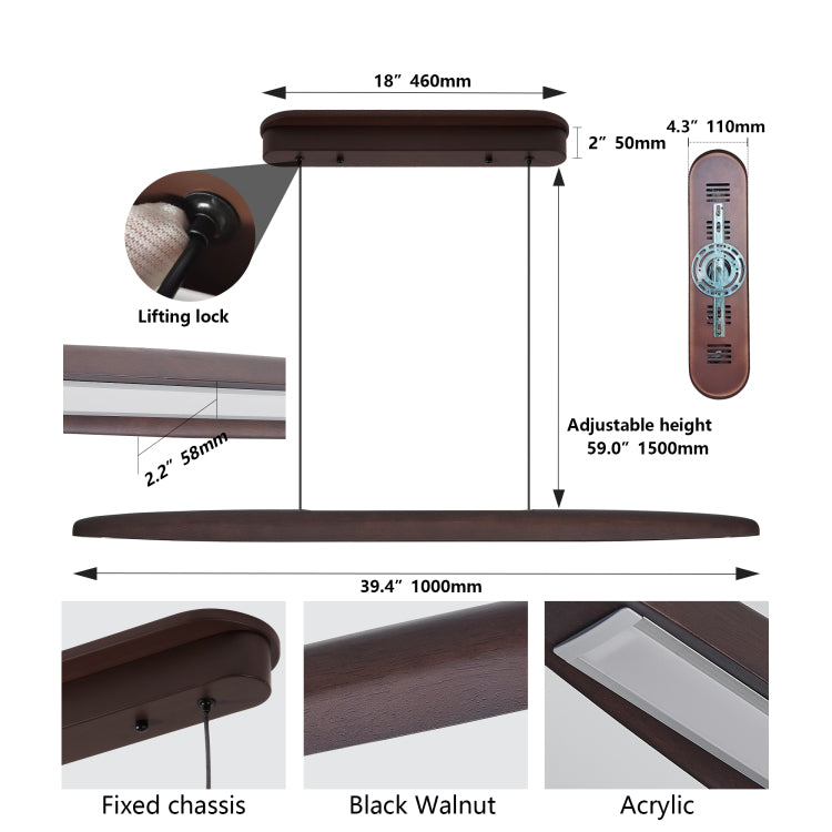 39 Inch Streamline Wooden Led Pendant Light With Remote Control, Adjustable Hanging Light For Dining Room, Kitchen, Living Room Contemporary Walnut Wood Finish