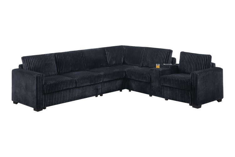 Modern Style L Shape 4Pc Sectional Set Reversible Loveseat Usb Ports Cup Holder Armless Chair Plastic Legs Corduroy Upholstered Black Finish Primary Living Room
