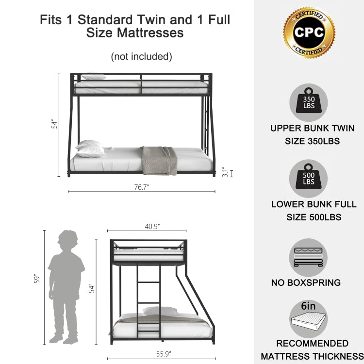 Adam Sturdy Twin Over Full Bunk Bed Metal Black For Kids And Adult, Low Profile Twin Over Full Bunk Bed With Ladder And Guardrails, Easy Climbing, Beds For Bedroom, Same As Original B083124171