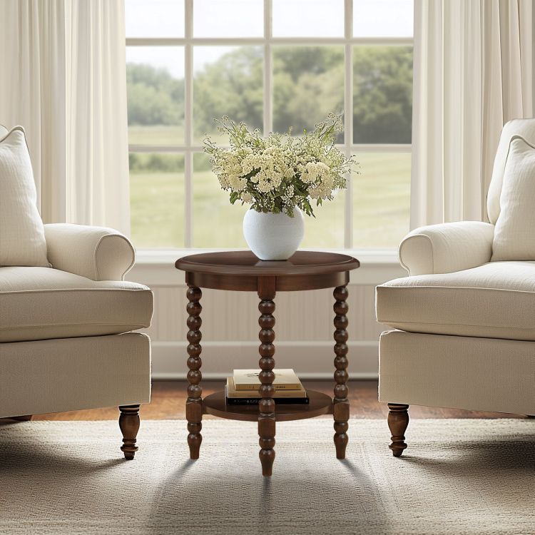 Round End Table With Shelf Brown