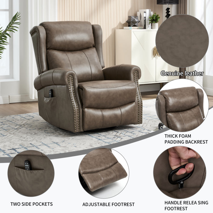 Heat Massage Manual Recliner Chair With Rocker And Swivel In Genuine Leather For Living Room