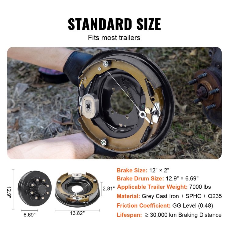 Trailer Hub Drum Kits 8 On 6.5" B.C. With 12" X 2" Electric Brakes, Self Adjusting Trailer Brake Assembly For 7000 Lbs Axle, 5 Hole Mounting, Backing Plates For Brake System Part Replacement