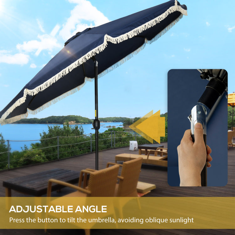 Outsunny 9Ft Patio Umbrella With Push Button Tilt And Crank, Ruffled Outdoor Market Table Umbrella With Tassles And 8 Ribs, For Garden, Deck, Pool, Dark Blue