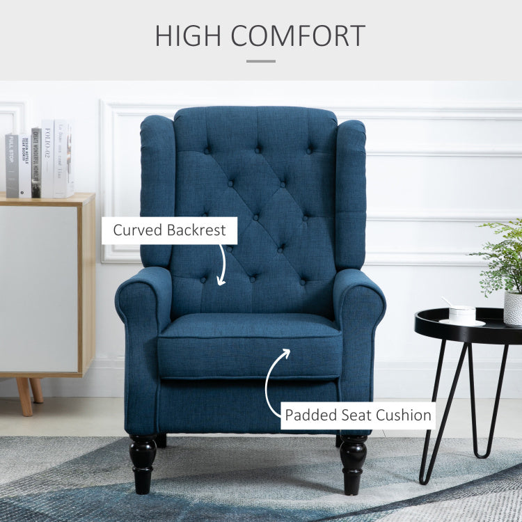 Homcom Button Tufted Accent Chair With High Wingback, Rounded Cushioned Armrests And Thick Padded Seat, Blue