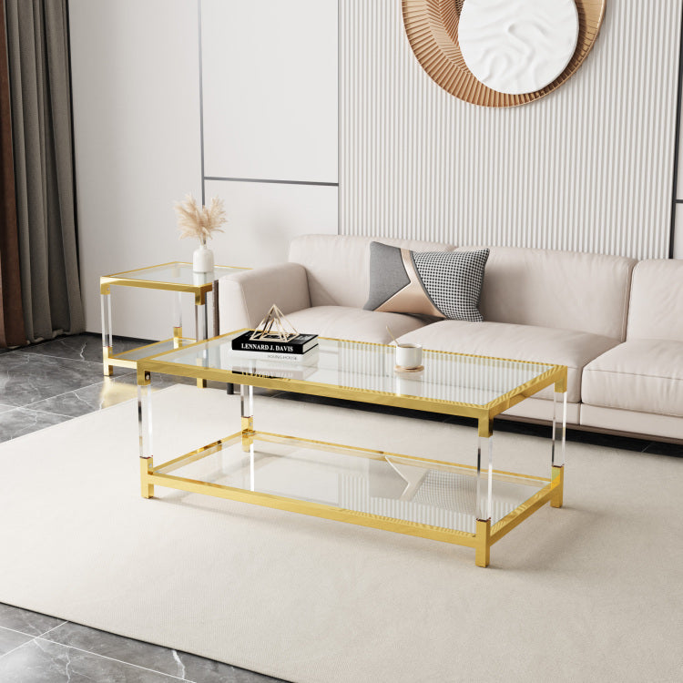 Modern Acrylic Leg Coffee Table, Double Layer Tempered Glass Top With Golden Metal Frame, 47.2X23.6X17.7 Inch Living Room Furniture