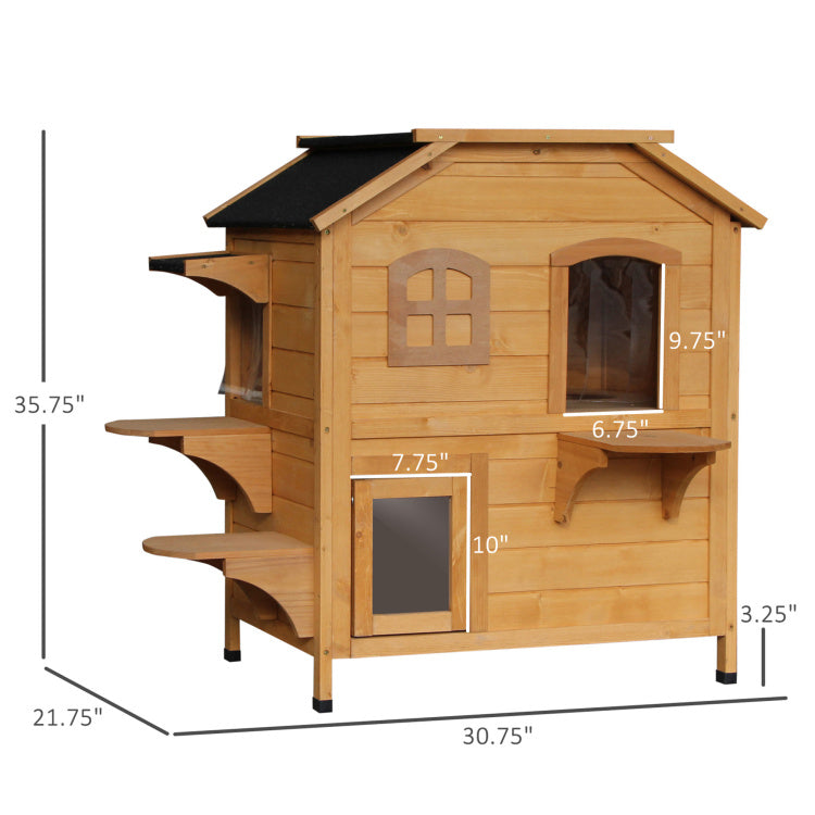 Pawhut 2 Story Cat House Outdoor, Weatherproof Wooden Cat Enclosure For Feral Cats With Escape Door, Openable Roof, Jumping Platforms, Natural