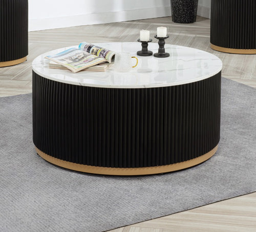 1Pc Coffee Table Modern Cocktail Group Luxurious Marble Inspired Top Reeded Base Gold Finished Foundation With Casters Wooden Living Room Furniture