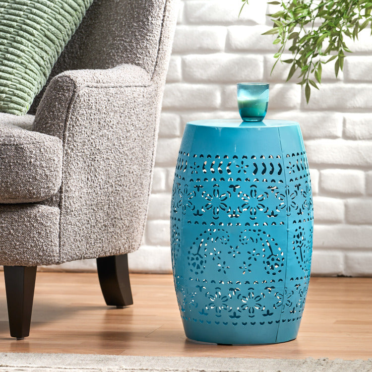 Ruby Side Table, Lace Cut Metal End Table For Outdoor & Indoor Use, Barrel Shape Accent Table With No Assembly Needed For Garden, Patio, Living Room, Backyard Decor,Blue Color