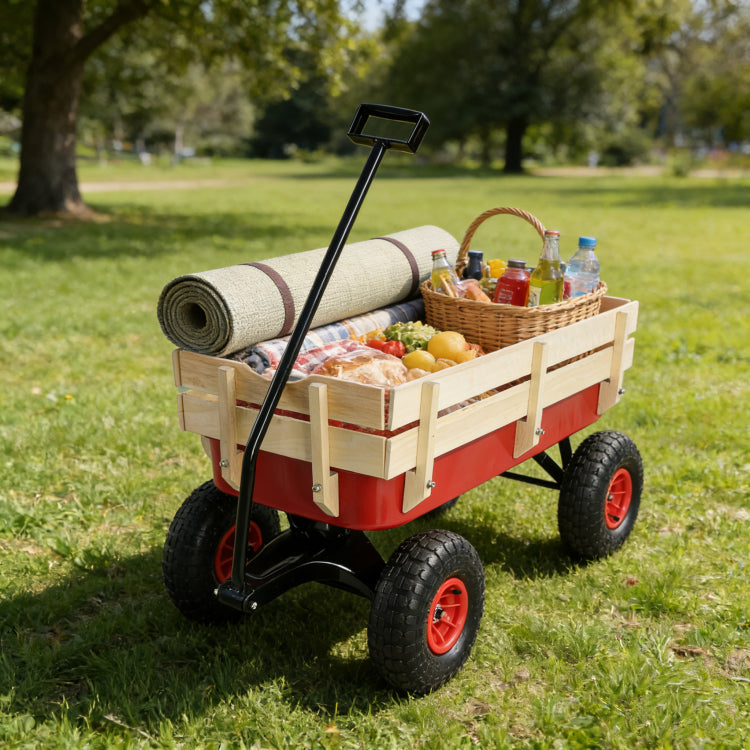 Outdoor Sport Wagon Tools Cart Wooden Side Panels Air Tires Wagon Red
