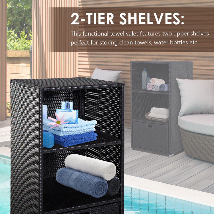 Outsunny Valet Pool Towel Rack, Waterproof Pe Plastic Rattan Wicker Storage Organizer, Indoor Outdoor Spa, And Hot Tub Accessory Storage, 2 Shelves, 1 Basket Drawer, Espresso